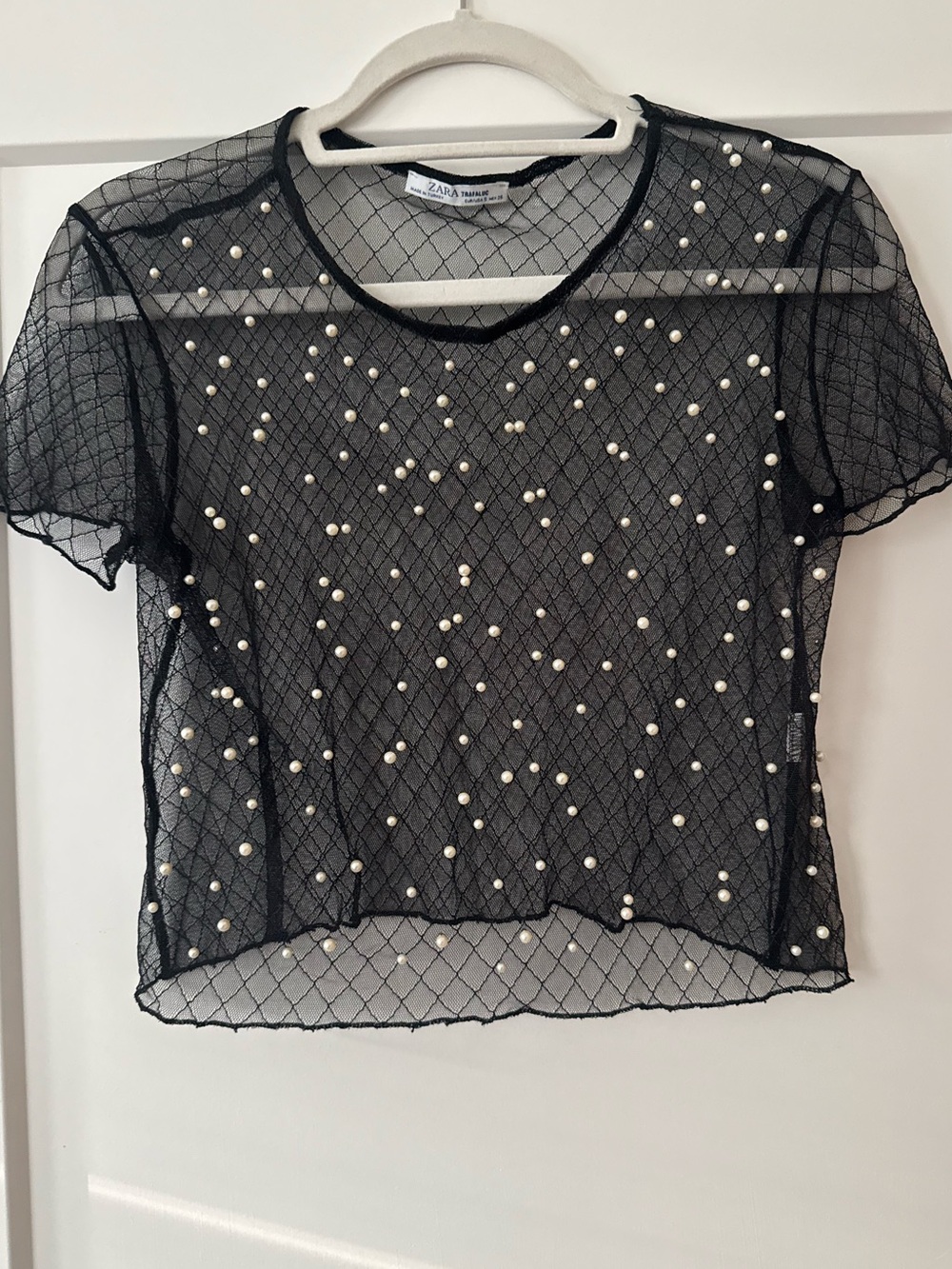 Zara Black Sheer Mesh Pearl-Embellished Short Sleeve Top Small